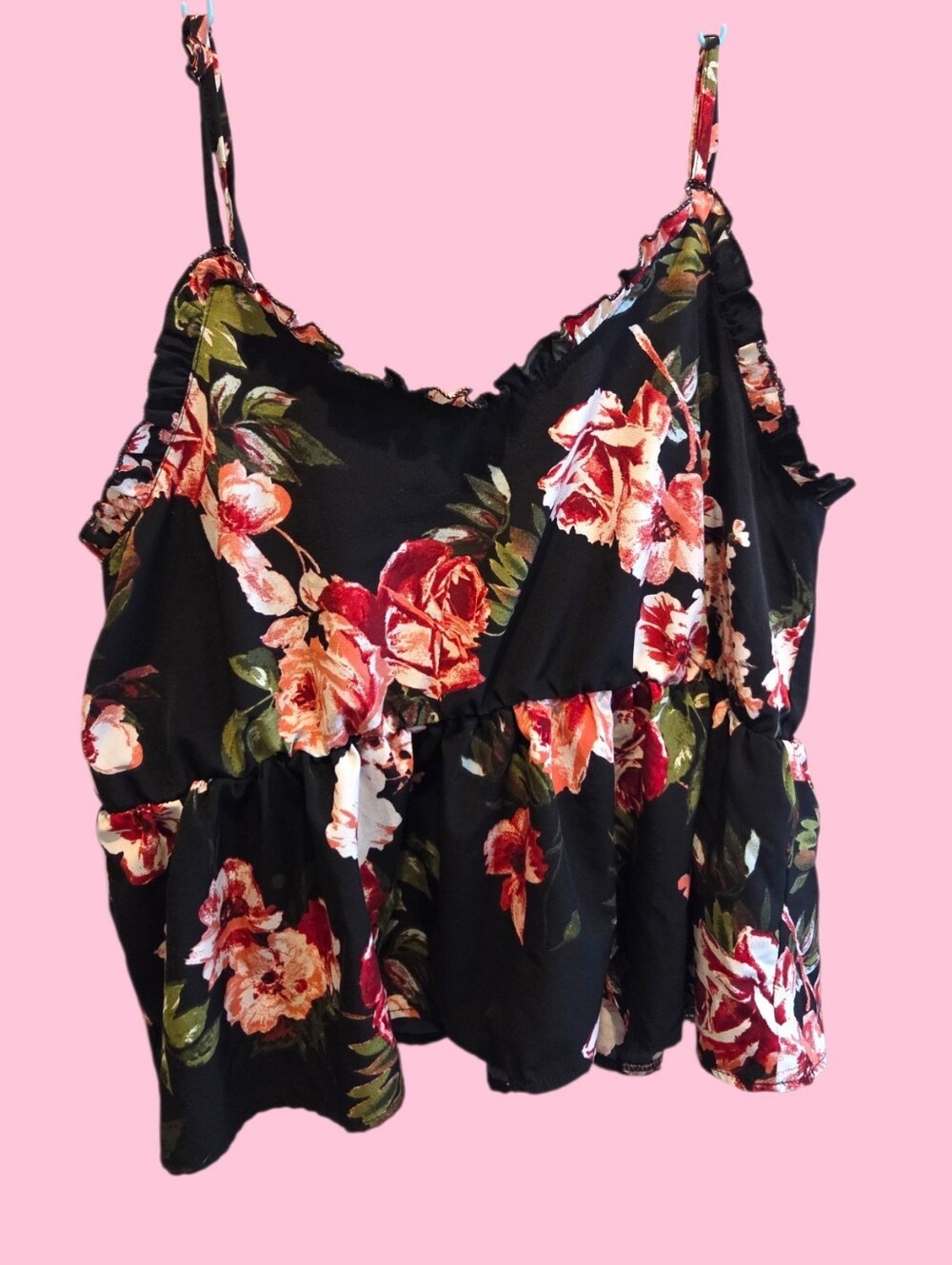 SHEIN Black Floral Ruffle Crop Tank with Pink Roses